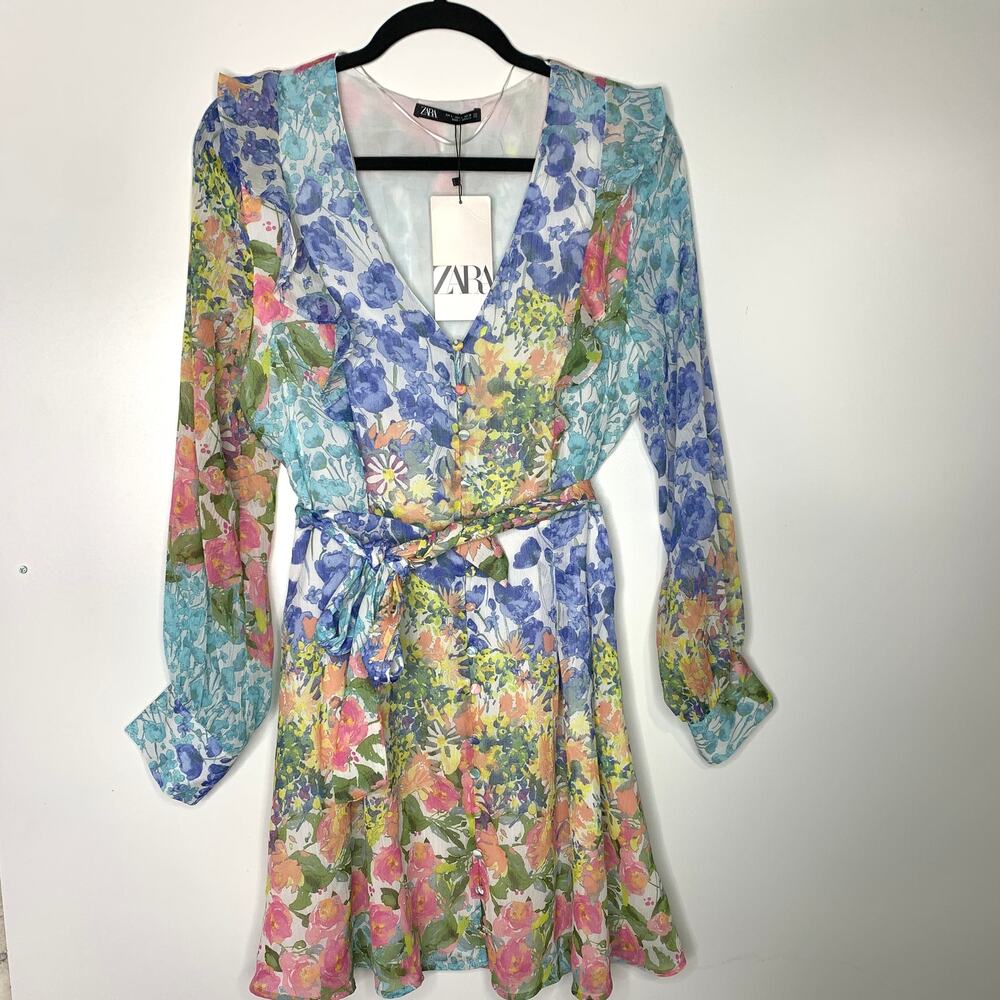NEW Zara Floral Mini Dress Long Sleeve Size Large Garden Party